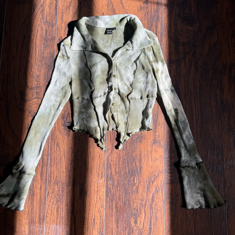Green Tie Dye Button Up Blouse- SHEIN